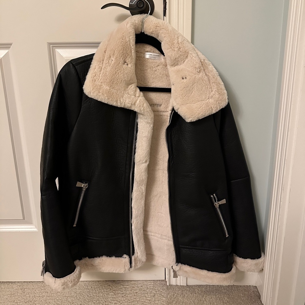 Black Faux Shearling Aviator Jacket with Cream Lining